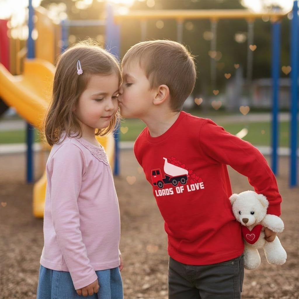 Kids Tractor and Digger Poppin Valentine'S Day Shirt - Funny Heart Dab Long Sleeve Tee for Toddlers Boys and Girls