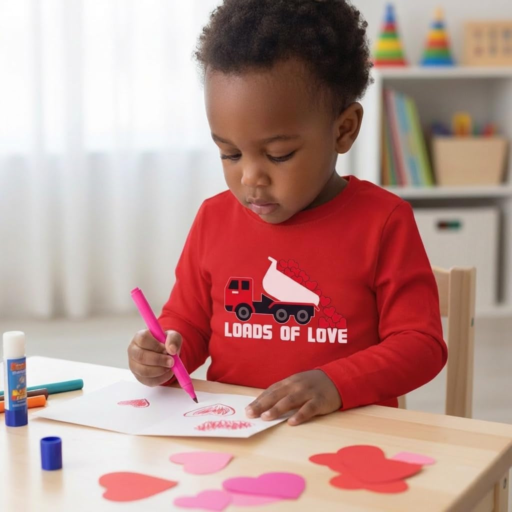 Kids Tractor and Digger Poppin Valentine'S Day Shirt - Funny Heart Dab Long Sleeve Tee for Toddlers Boys and Girls