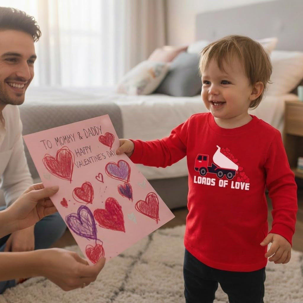 Kids Tractor and Digger Poppin Valentine'S Day Shirt - Funny Heart Dab Long Sleeve Tee for Toddlers Boys and Girls