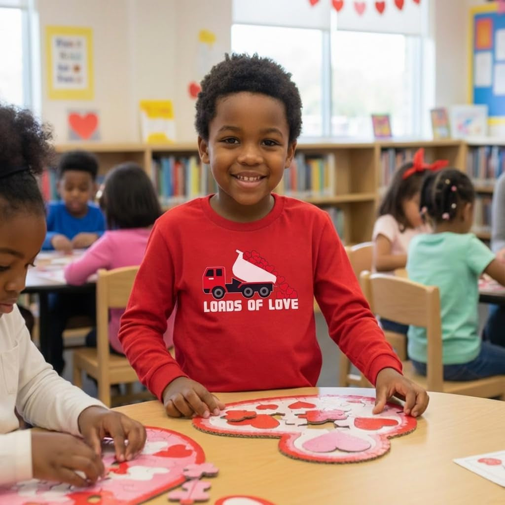 Kids Tractor and Digger Poppin Valentine'S Day Shirt - Funny Heart Dab Long Sleeve Tee for Toddlers Boys and Girls