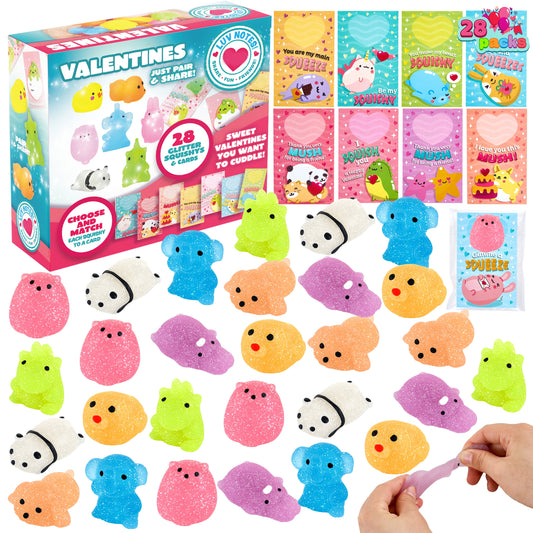 28 Packs Valentines Cards with Squishy Toys for Kids, Glitter Mochi Animal Squeeze Fidget Toys for Kids Valentines Favors Class Exchange Cards Gifts