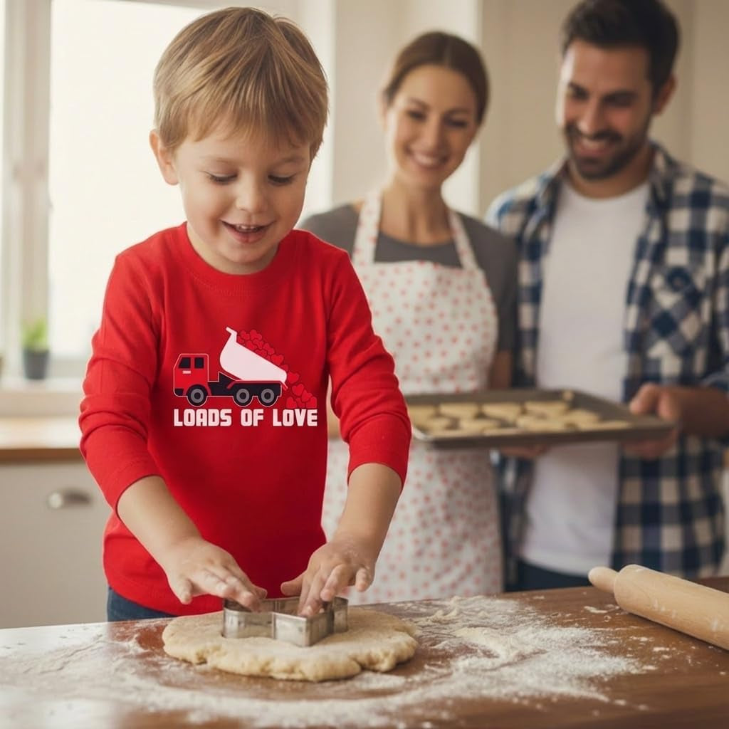 Kids Tractor and Digger Poppin Valentine'S Day Shirt - Funny Heart Dab Long Sleeve Tee for Toddlers Boys and Girls